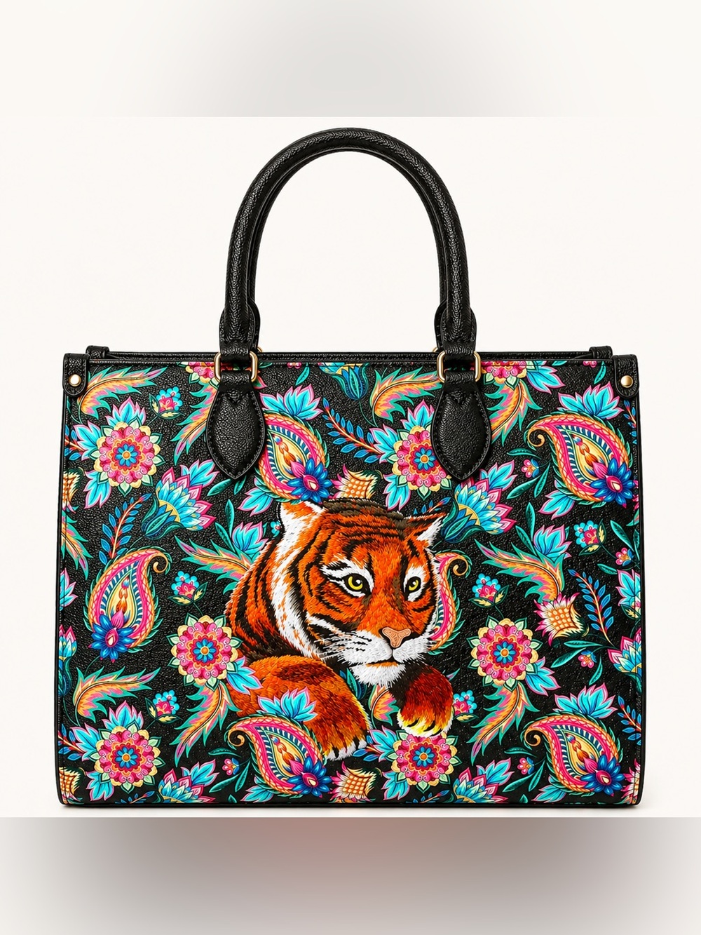 LuneVille Tiger Floral Paisley Statement Tote Bag | NEW